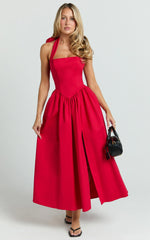 Helda Midi Dress - Halter Tie Neck Corset Panel Dress in Red