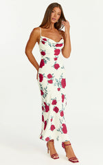 Dahlia Midi Dress - Cowl Neck A Line Dress in Scarlet Rose Print