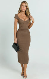 Elia Midi Dress - Cap Sleeve Sweetheart Underwire Fitted Dress in Brown
