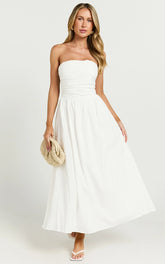 Polly Midi Dress - Strapless Ruched Dress in White
