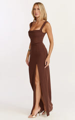 Donna Maxi Dress - Cowl Neck Column High Split Dress in Chocolate
