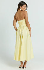 Daria Midi Dress - Strapless Corset Gathered Dress in Lemon