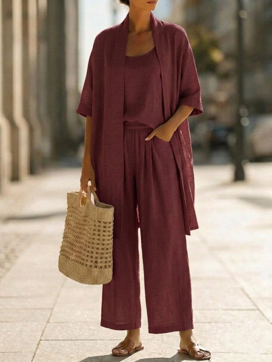 Minimalist Linen-cotton Three-piece Set - Comfortable For Everyday Wear