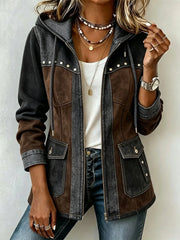 Chic Denim Patchwork Suede Hooded Jacket