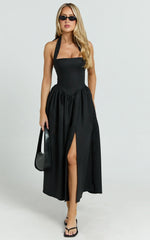 Helda Midi Dress - Halter Tie Neck Corset Panel Dress in Black
