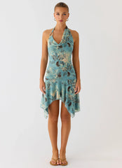 Bad Alive Halter Hanky Mini Dress - Aqua Blur