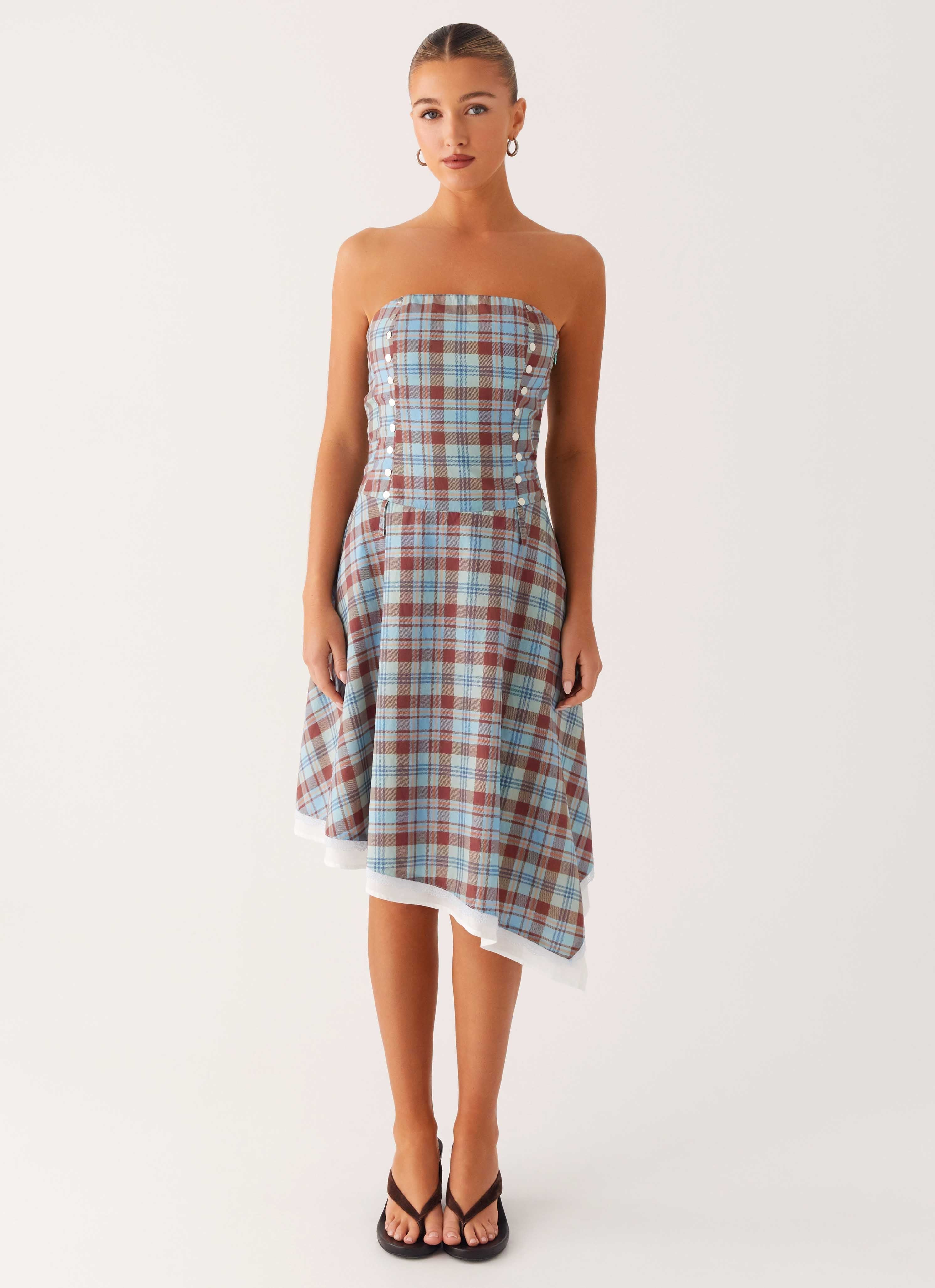 Tonie Strapless Midi Dress - Shoreline Check