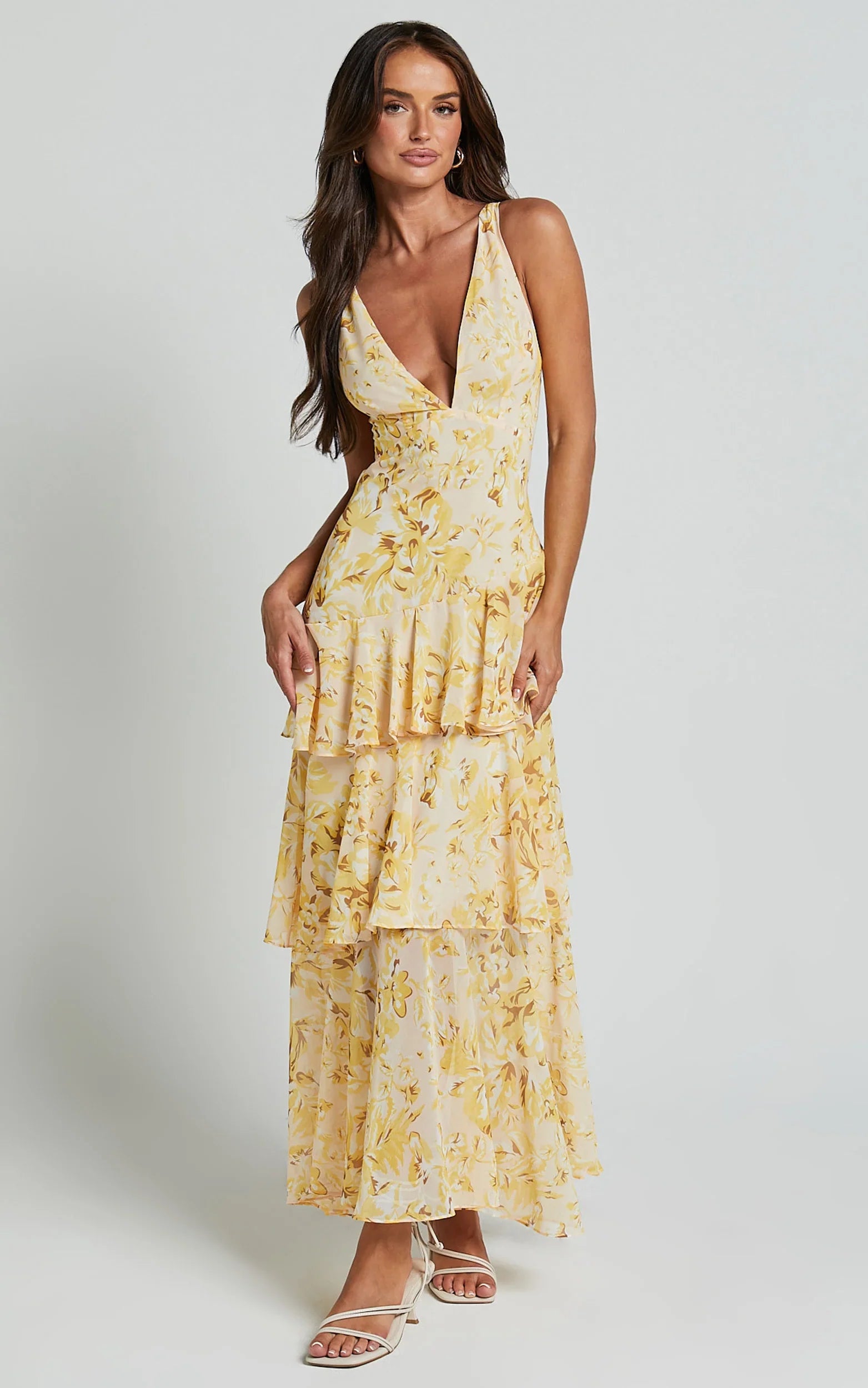 Beryl Midi Dress - Deep V Neck Sleeveless Layered Dress in Yellow Floral