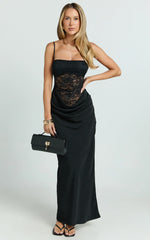 Rania Maxi Dress - Contrast Lace Bodice Bias Cowl Drop Waist Dress in Black