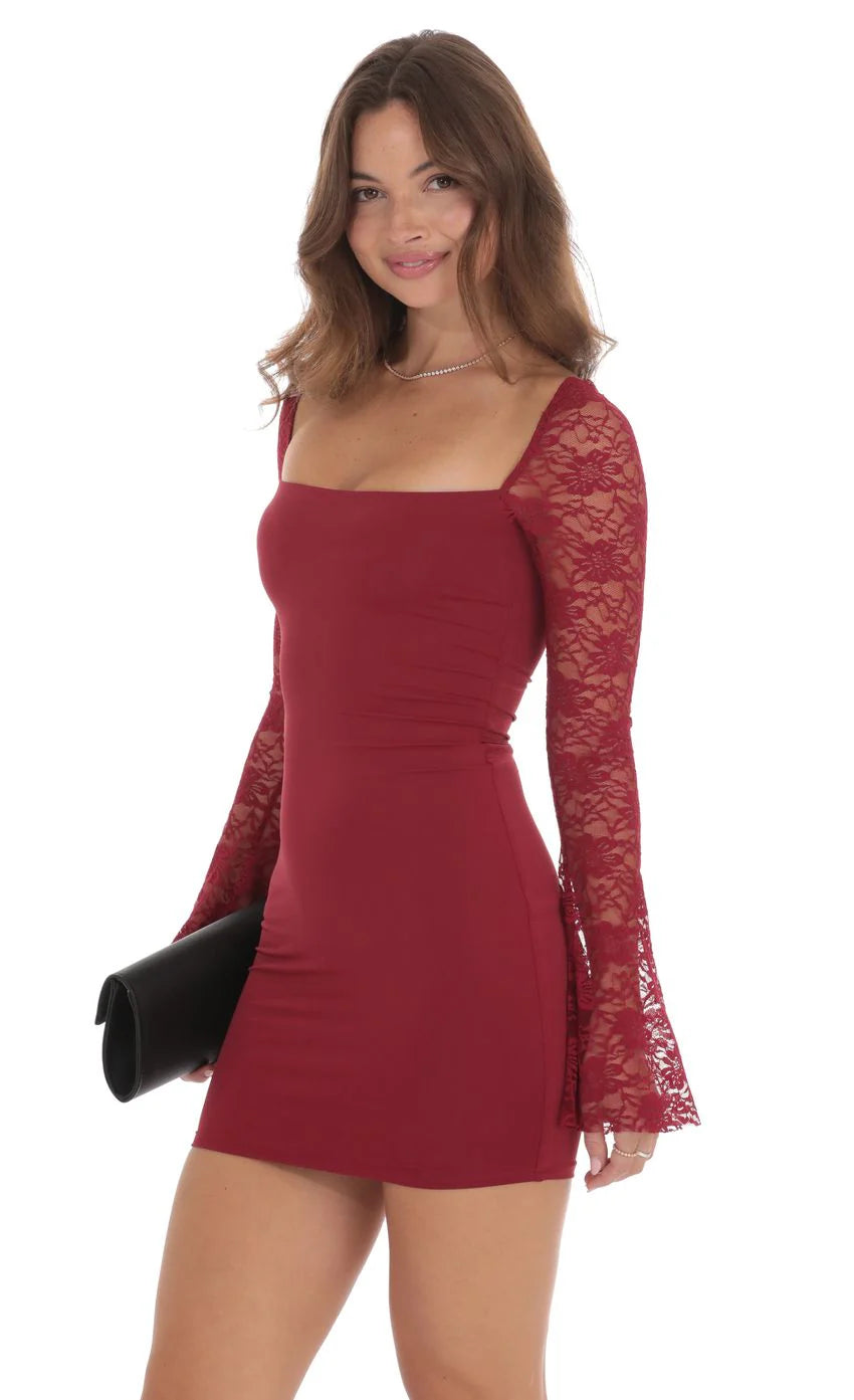Lace Long Sleeve Bodycon Dress in Maroon