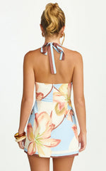 Robyn Mini Dress - Square Neck Halter Neck Faux Wrap Dress in Retro Flower Border Print