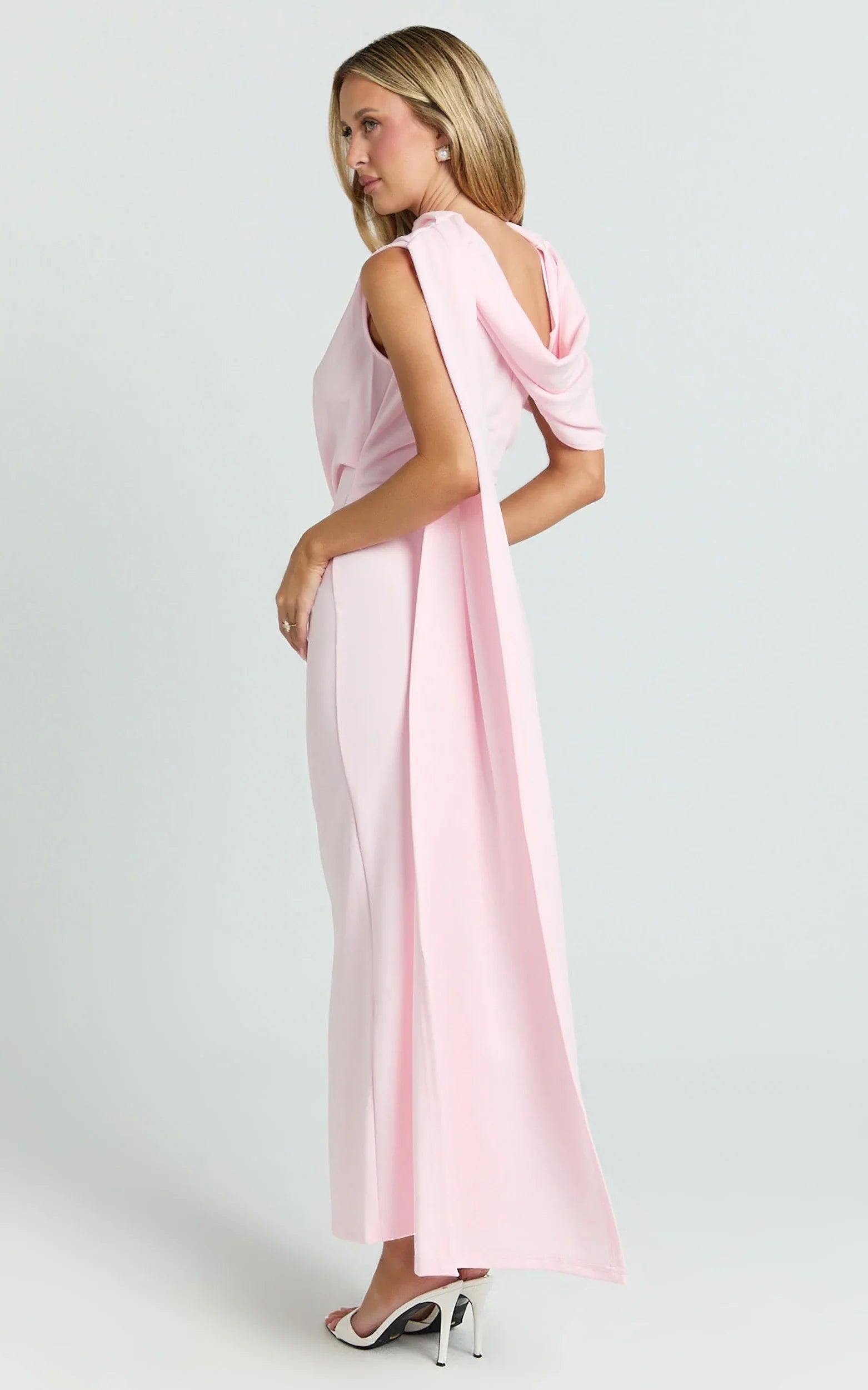 Visenta Midi Dress - Asymmetrical Sleeve Dress in Pink