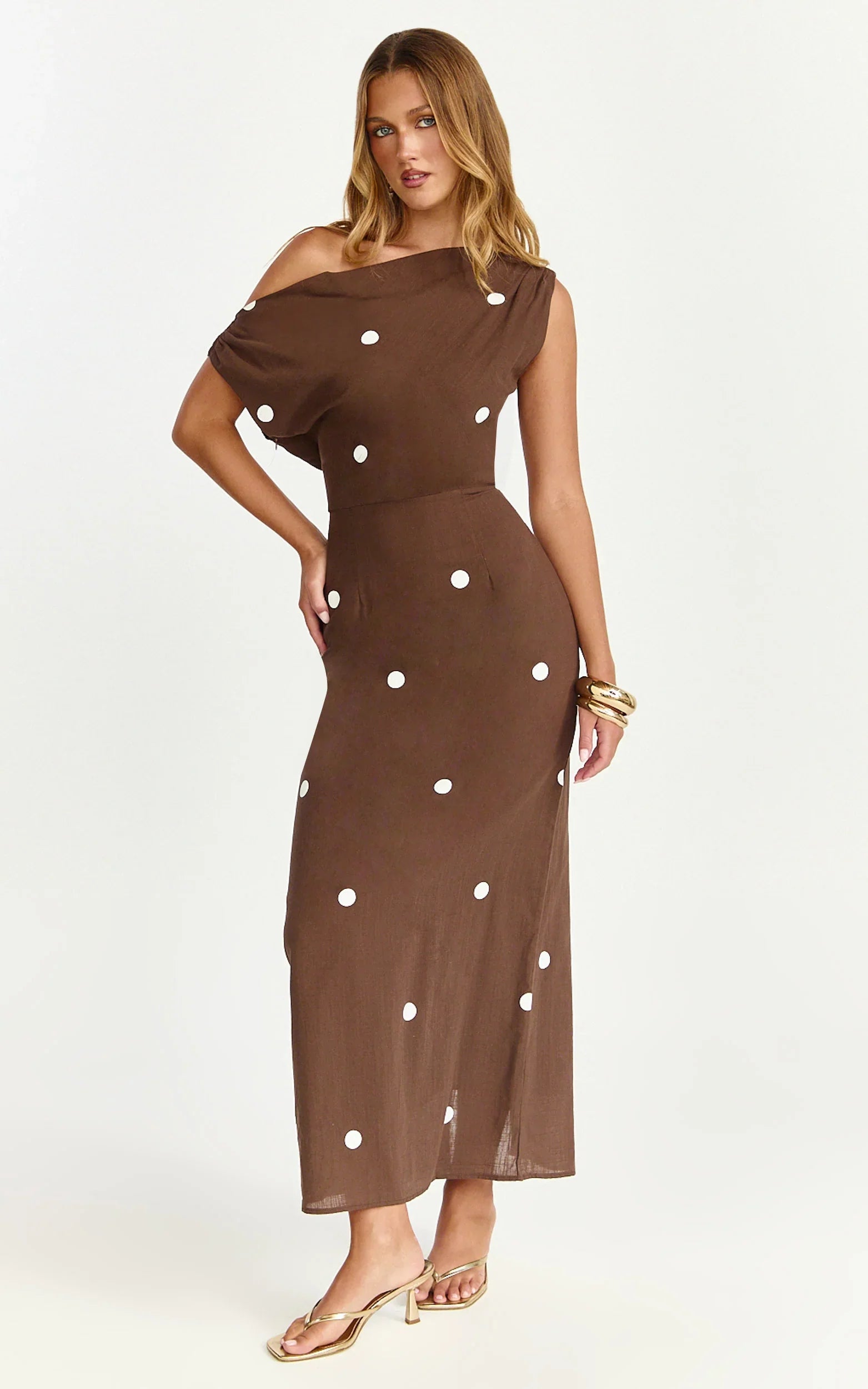Cia Maxi Dress - Tipped Shoulder Linen Polkadot Dress in Chocolate
