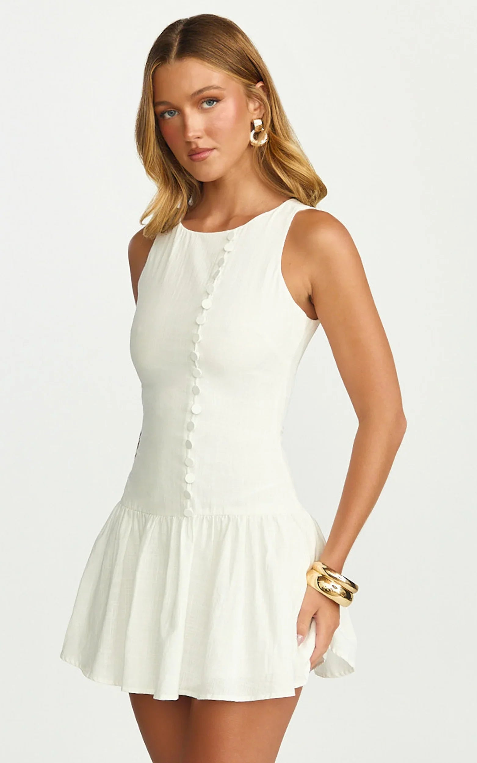 Cortez Mini Dress - High Neck Button Down Dress in White