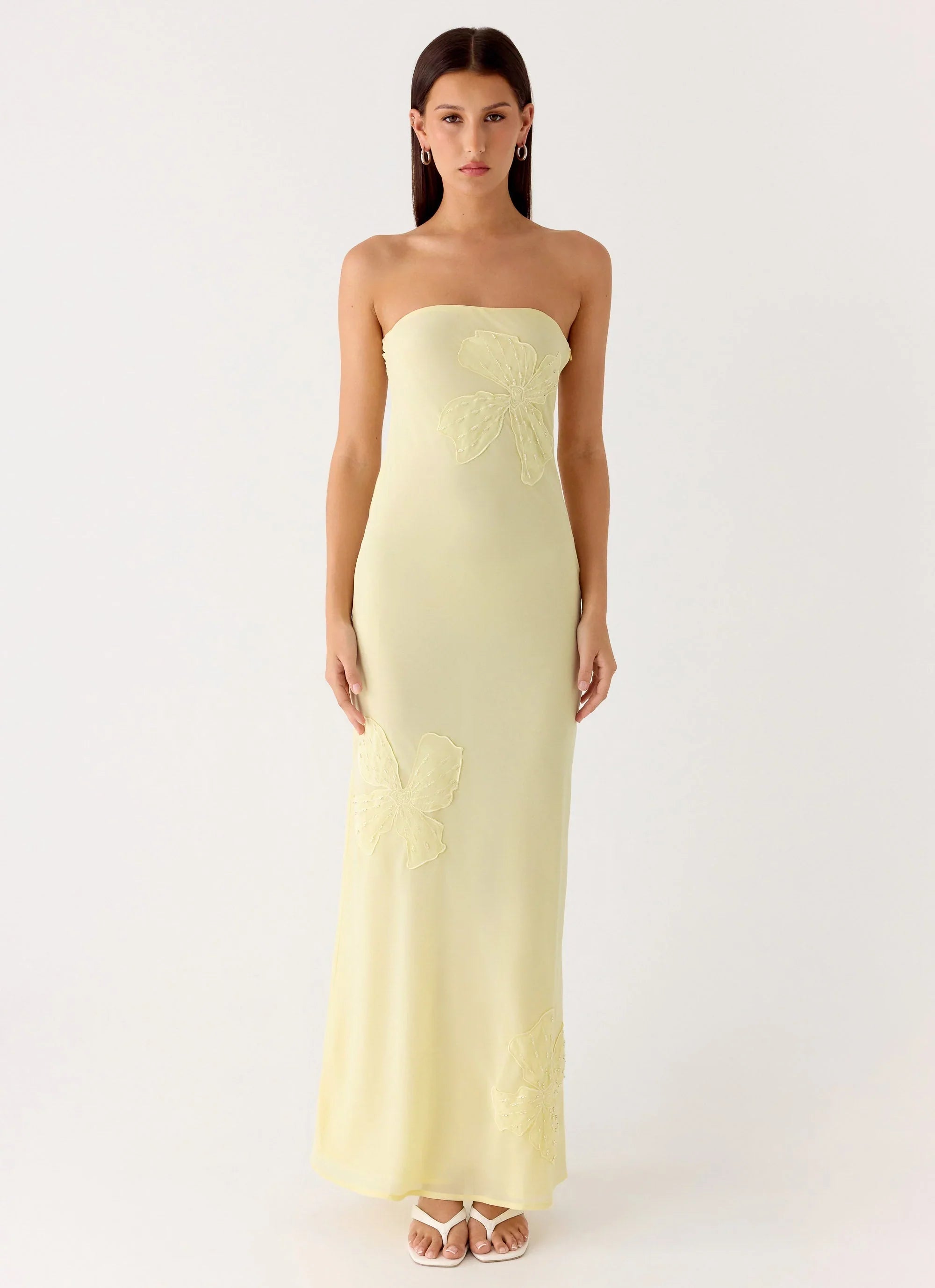 Sassafras Beaded Flower Strapless Maxi Dress - Yellow
