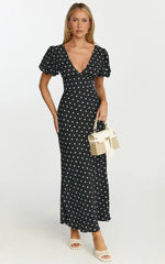 Elise Midi Dress - V Neck Puff Sleeve Dress in Black Polka