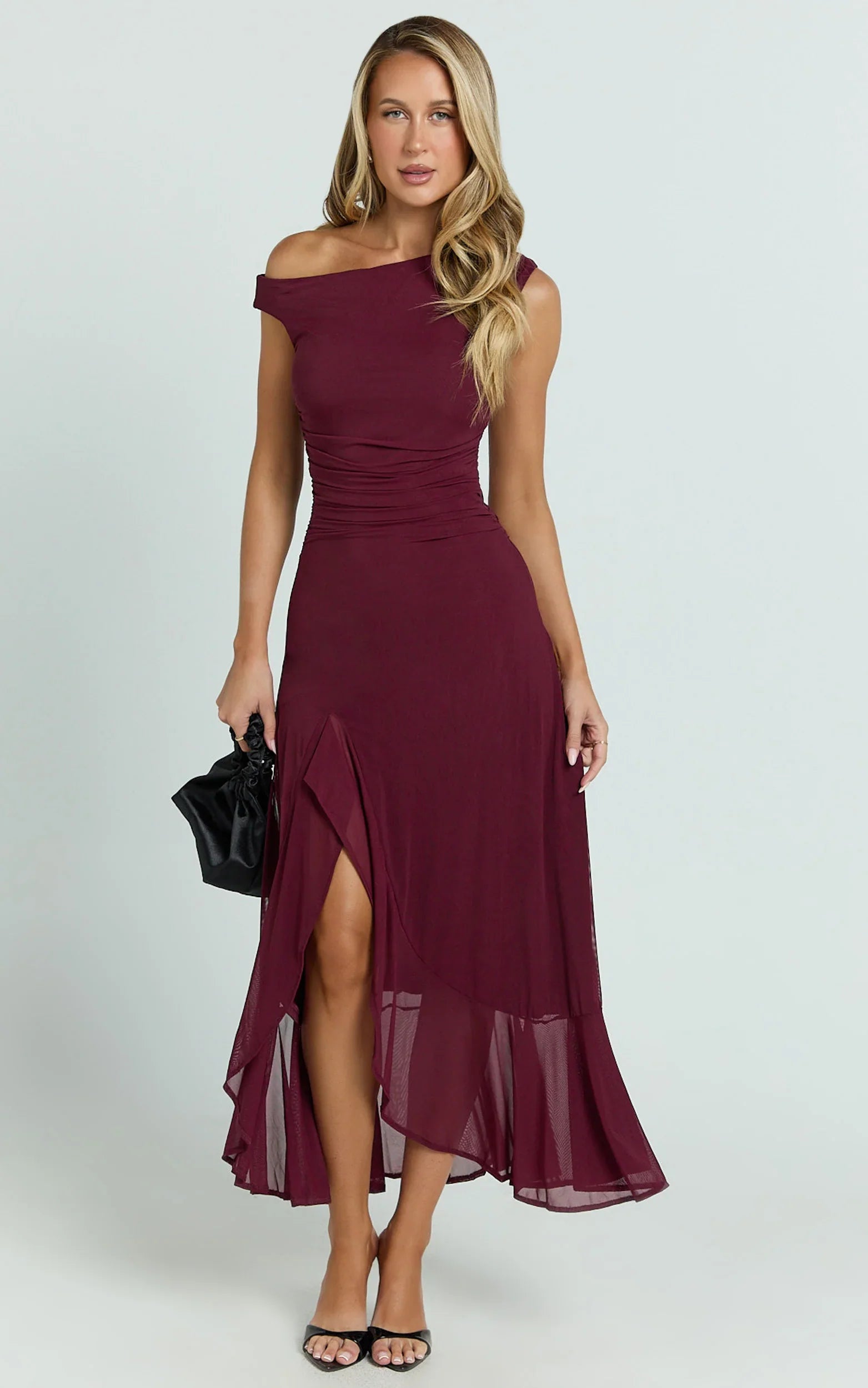 Judee Midi Dress - One Shoulder High Side Split Dress in Wine